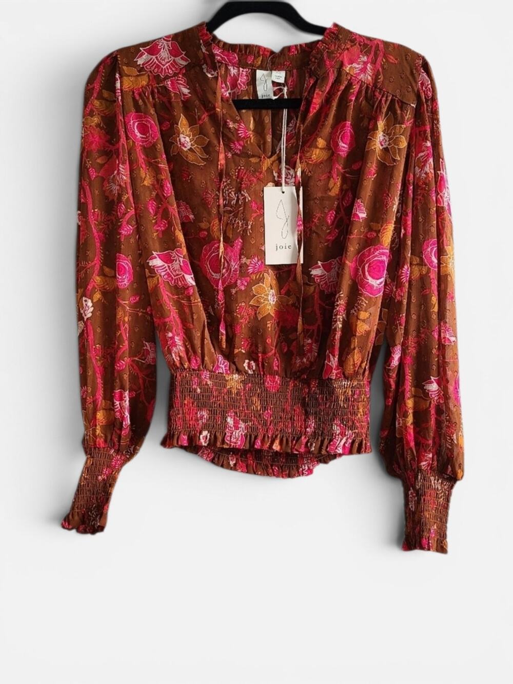Joie NWT Floral Boho Smocked Waist Puff Sleeve Cropped Sheer Blouse